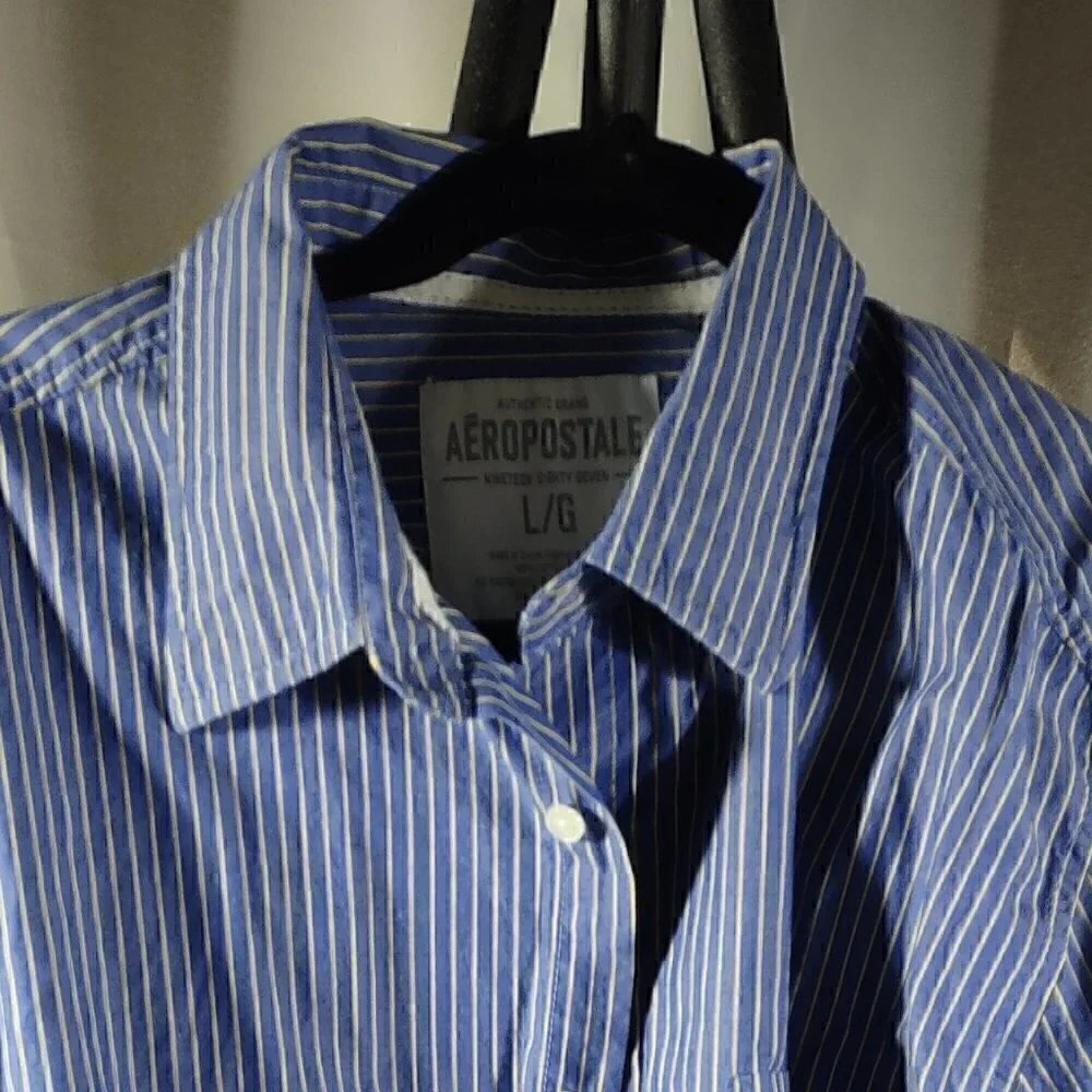 Aeropostale Men's 100% Cotton Blue With Yellow Stripes Dress Shirt Size Large - Picture 2 of 8